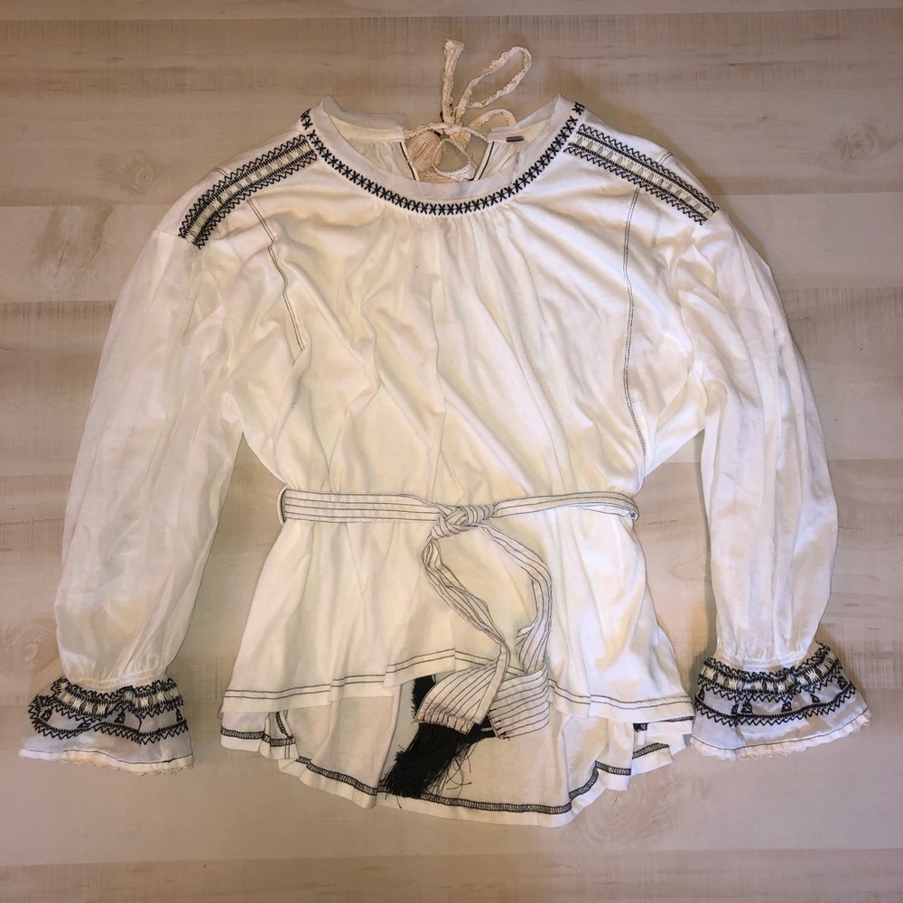 Free People White Small Black Embroidered Blouse